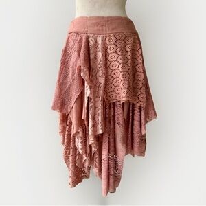 NWT Oli & Hali Sage Pink Asymmetrical Midi Skirt Sz L Stretch Lace Patchwork